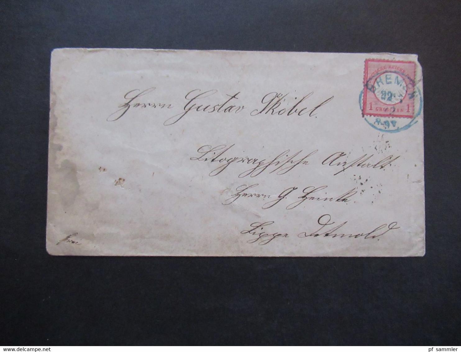 DR Brustschild Marke 1 Groschen (Adler Nur Halb Geprägt) Blauer Stempel K1 Bremen Fernbrief Nach Detmold Gesendet - Lettres & Documents