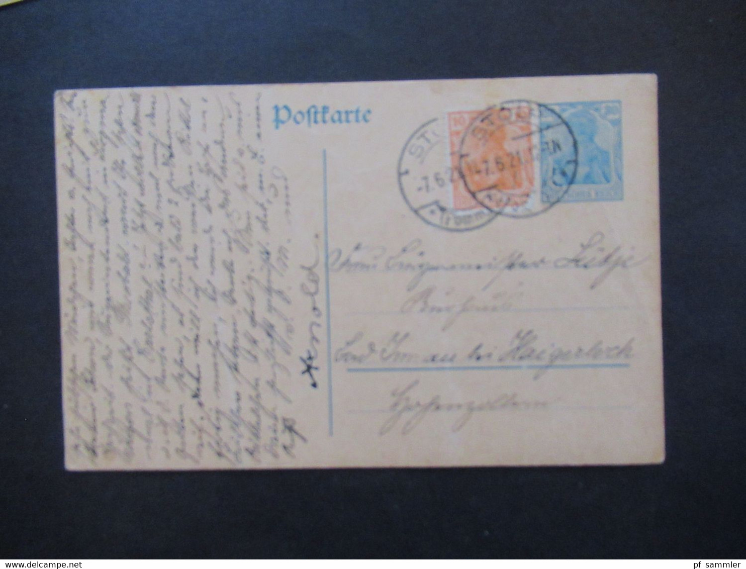 DR 1920 Germania Ganzsachen mit Zusatzfrankatur mit viel Inhalt!! Stempel Stolp (Pommern) Fern PK nach Berlin