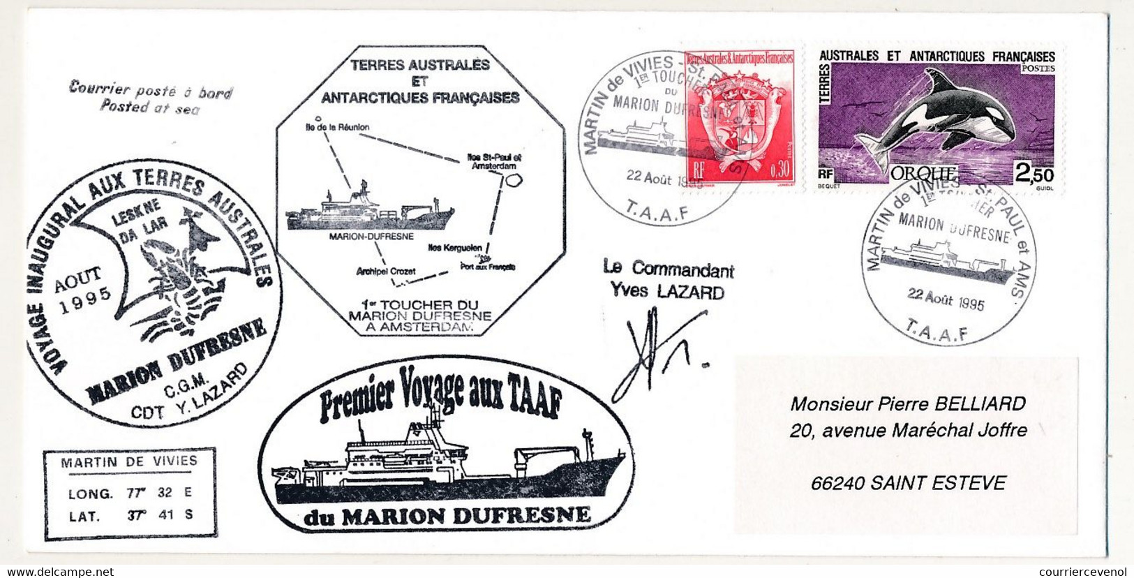 TAAF -Env. 2,50 Orolle + 0,30 Blason - St Martin De Vivies St Paul Ams - 1er Toucher Du Marion Dufresne 22/8/1995 - Briefe U. Dokumente