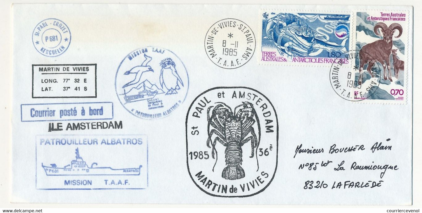 TAAF - Env. 0,70 Mouflons + 1,80 Sibex Biomas - St Martin De Vivies St Paul Ams - 36eme Mission + Divers 8/11/1985 - Lettres & Documents