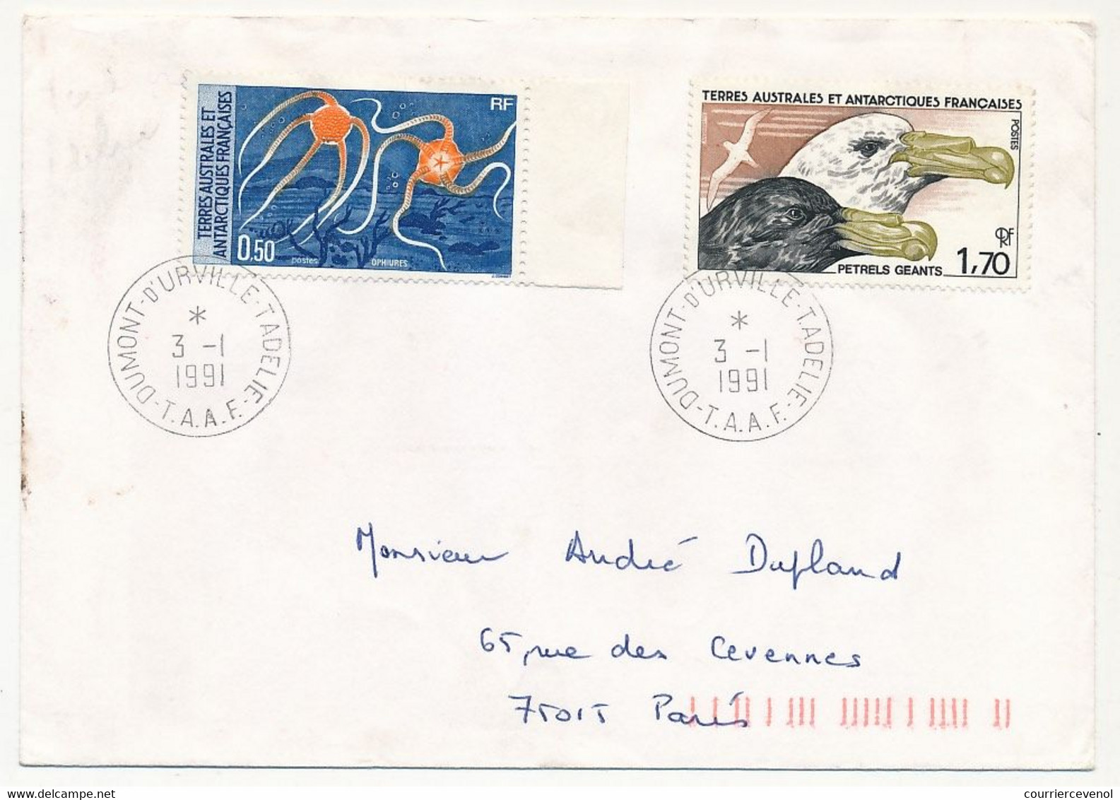 TAAF - Env. 1,70 Petrels Géants + 0,50 Ophiures - Dumont D'Urville T. Adélie - 3/1/1991 - Covers & Documents