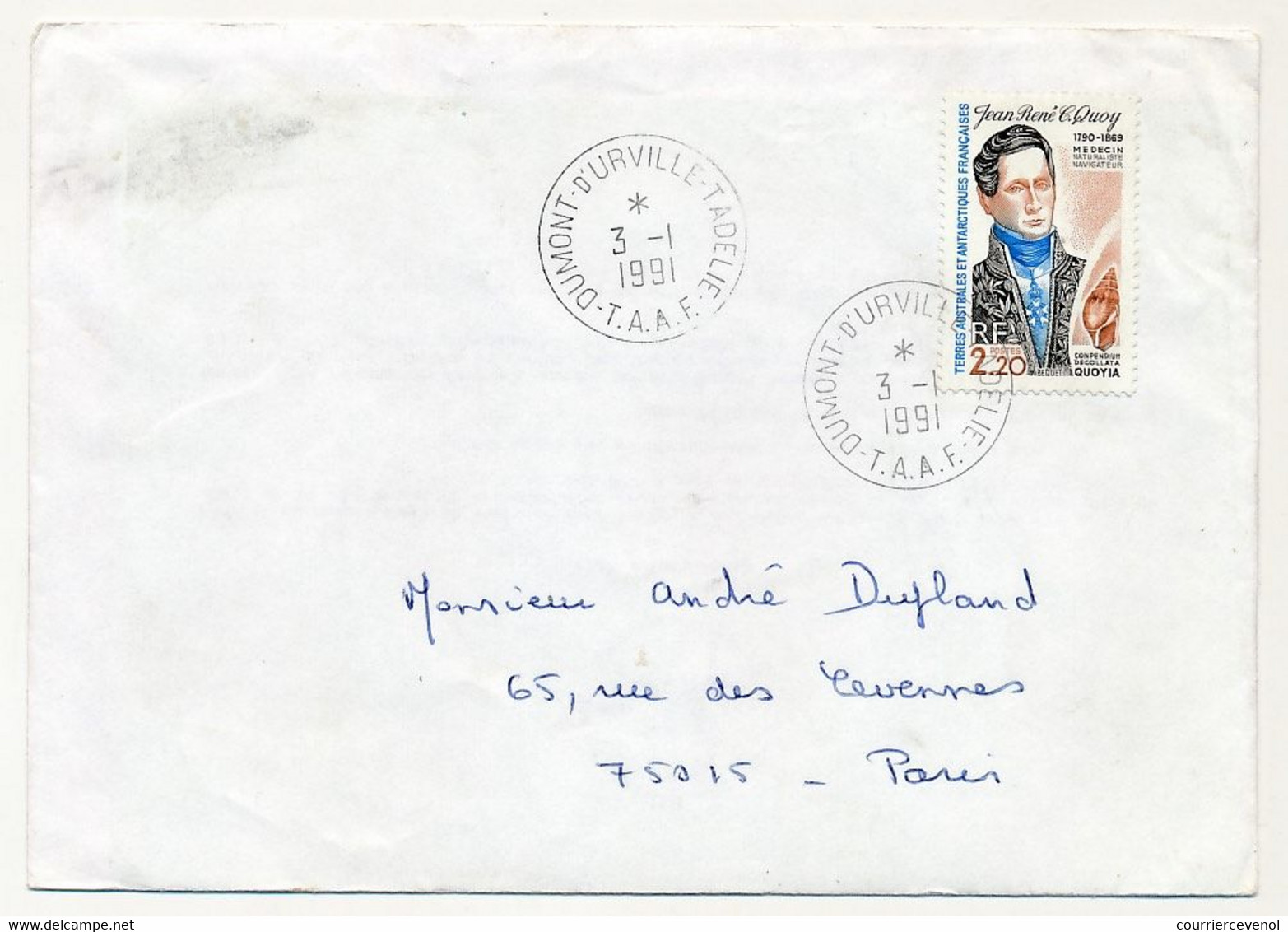 TAAF - Env. 2,20 Jean René C. Quoy - Dumont D'Urville T. Adélie - 3/1/1991 - Storia Postale