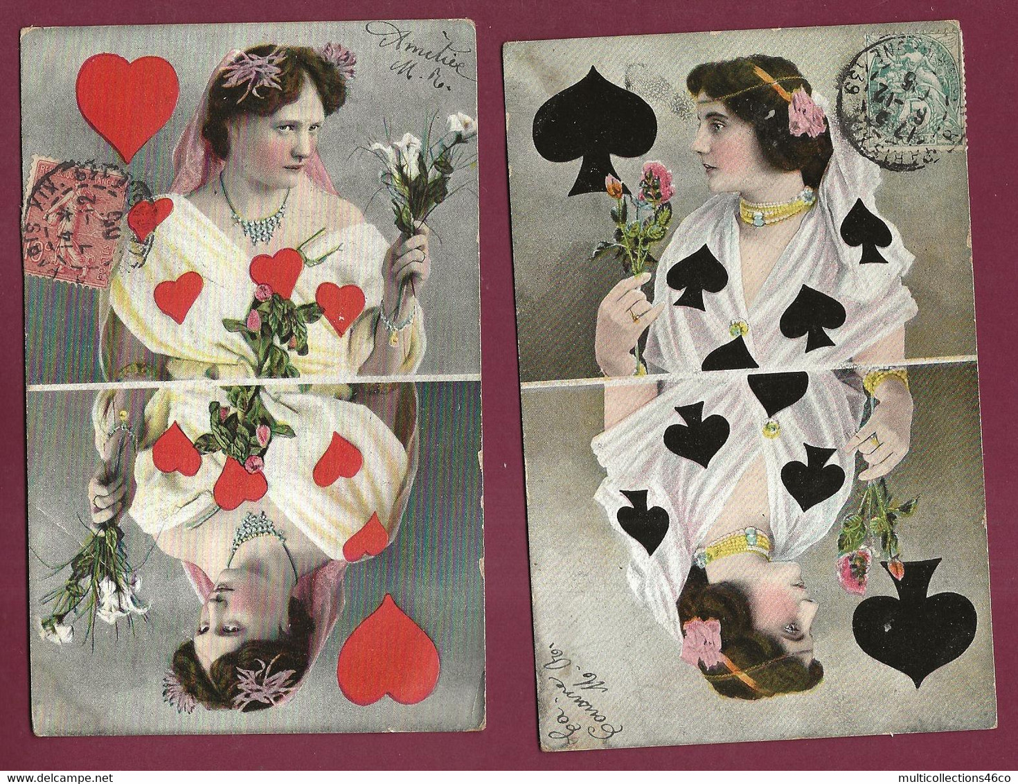 060123 - 2 Cartes Postales - Carte à Jouer Femme De Coeur Et Femme De Pique - Playing Card Jeu De Cartes - Spielkarten