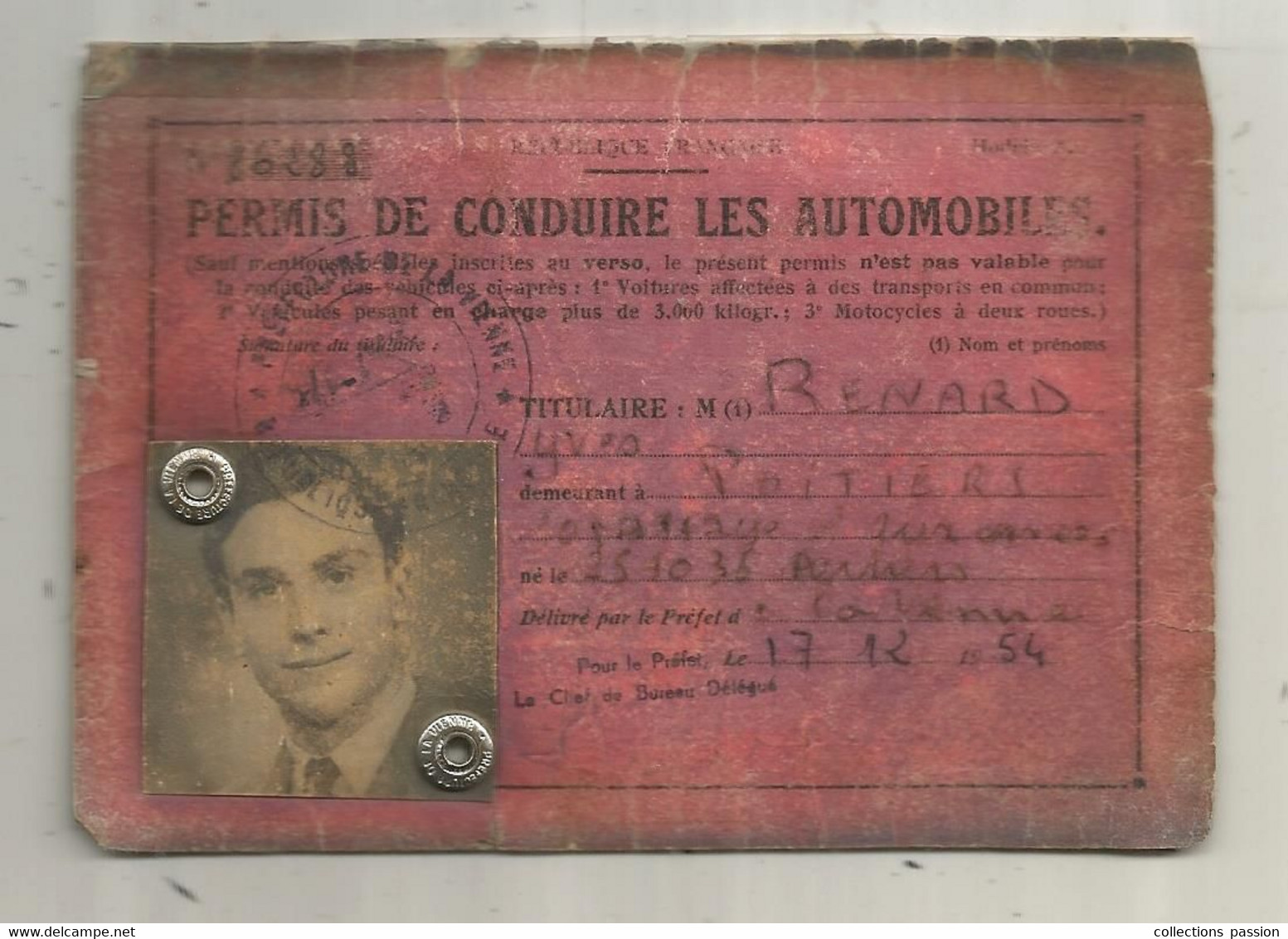 Permis De Conduire Les Automobiles , Préfecture De La VIENNE,  Poitiers , 1954,  2 Scans - Ohne Zuordnung