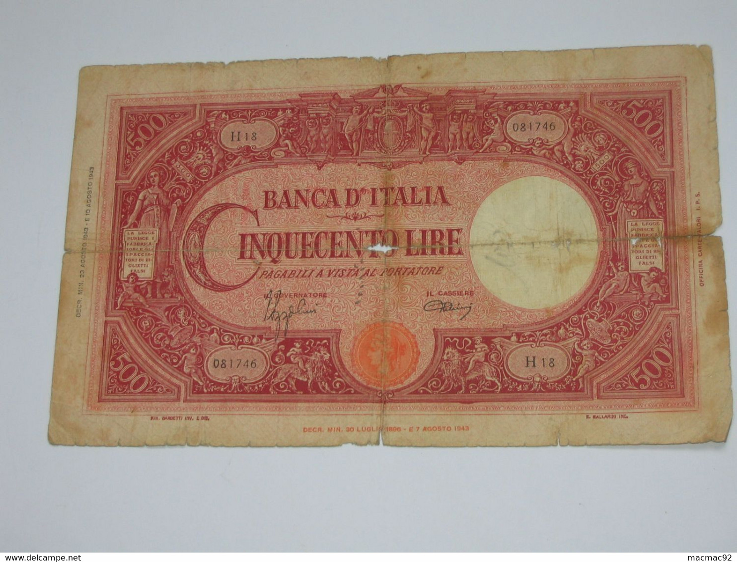 ITALIE - 500 Cinquecento Lire 1943 - BANCA D'ITALIA   **** EN ACHAT IMMEDIAT **** - 500 Lire