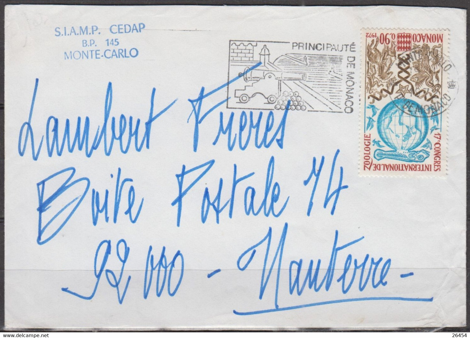 MONACO  17ème Congrès Int Zoologie 90c   SEUL Sur Enveloppe Pub Pour 92000 NANTERRE - Storia Postale