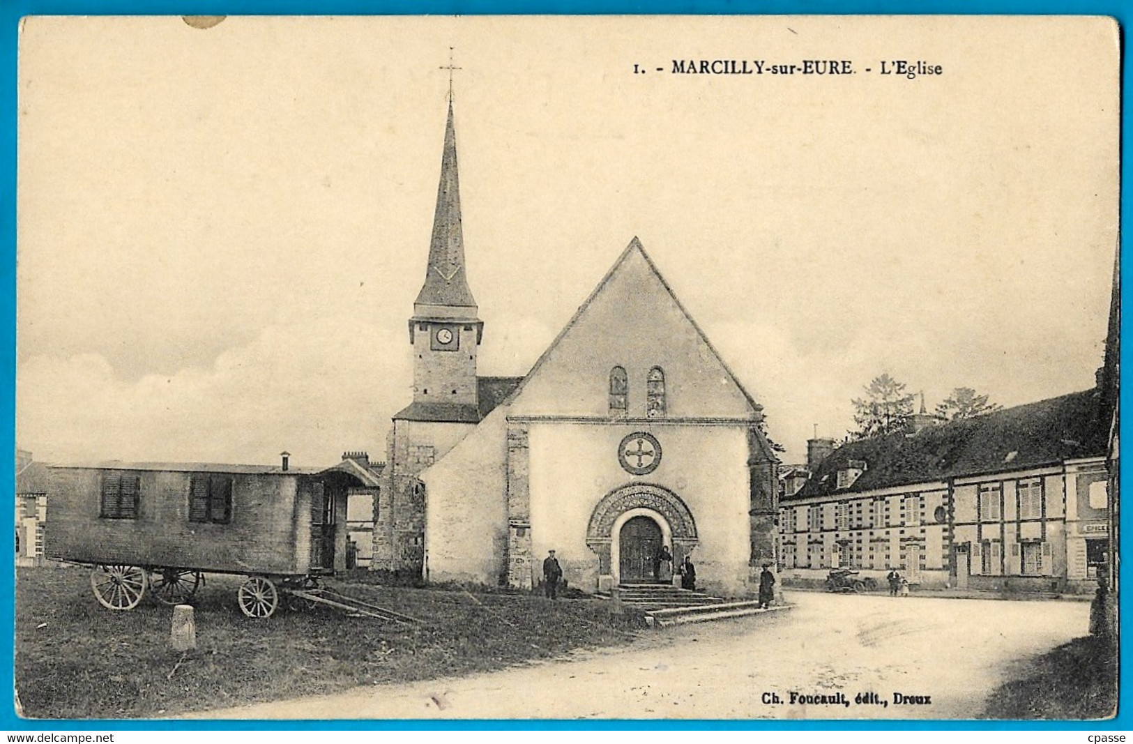 CPA 27 MARCILLY-sur-EURE - L'Eglise  (roulotte De Bohémiens) ° Ch. Foucault édit. - Marcilly-sur-Eure
