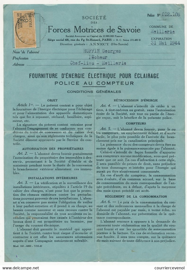 FRANCE - Contrat Fourniture D'Energie Pour éclairage / Forces Motrices De Savoie - Fiscal Type Daussy 6F Dimension - Briefe U. Dokumente