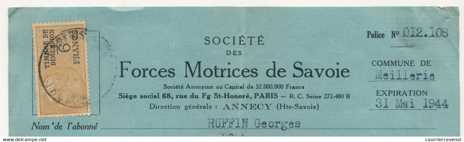 FRANCE - Contrat Fourniture D'Energie Pour éclairage / Forces Motrices De Savoie - Fiscal Type Daussy 6F Dimension - Brieven En Documenten