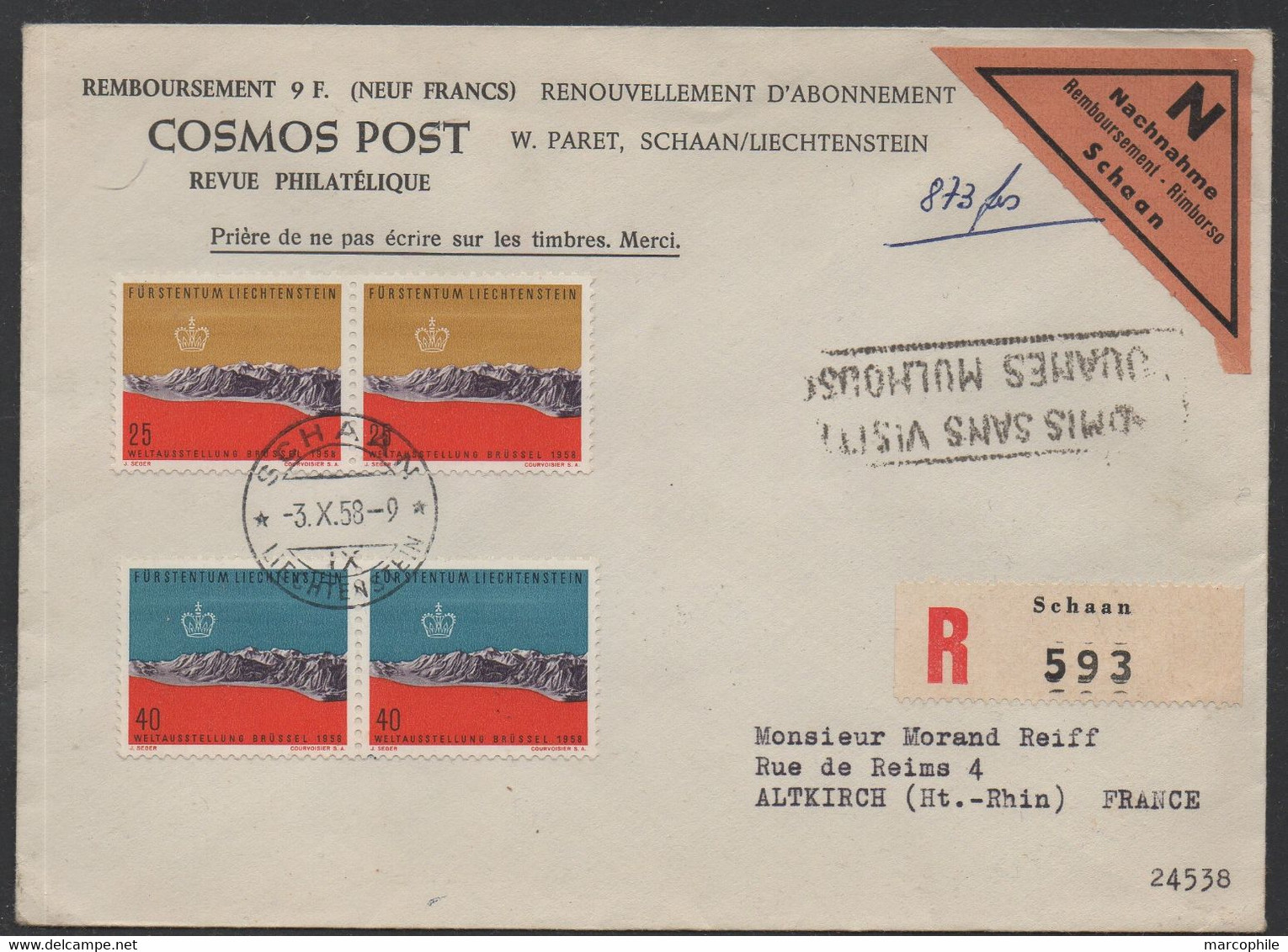 LIECHTENSTEIN / 1958 LETTRE RECOMMANDEE CONTRE REMBOURSEMENT ==> FRANCE (ref 7350) - Storia Postale