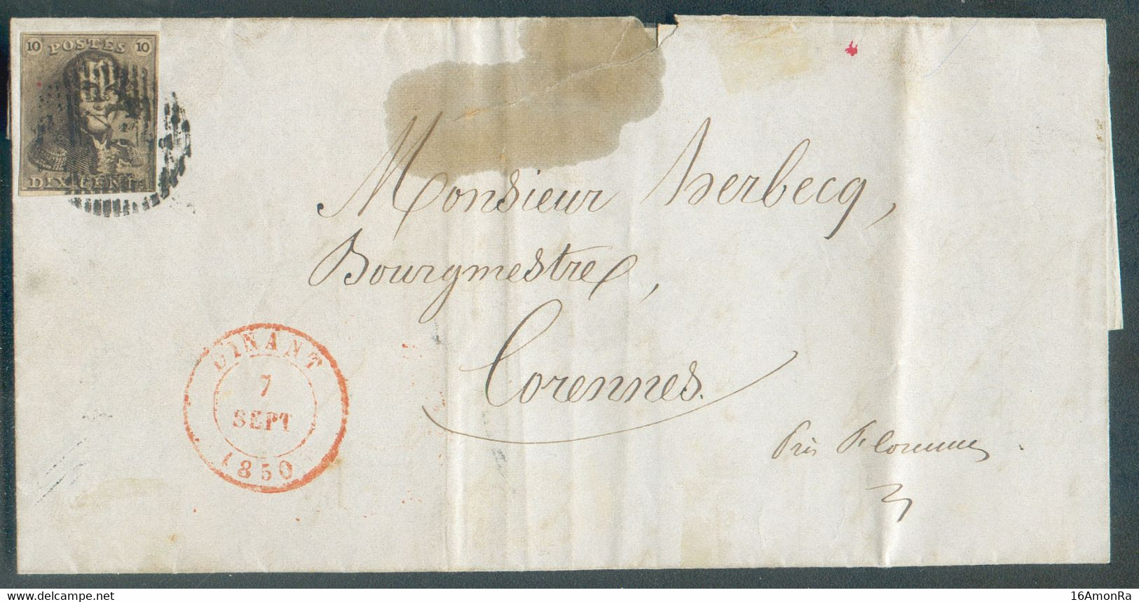 N°1 - Epaulette 10 Centimes Brun Foncé, Bien Margée, Obl. P.33 Sur Lettre De DINANT Le 7 Septembre 1850 Vers Corennes (p - 1849 Epauletten
