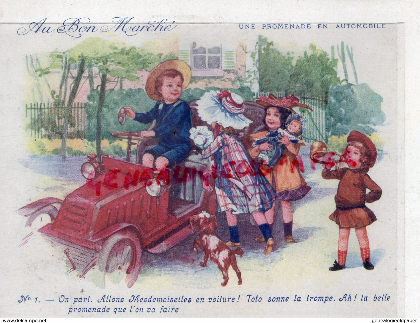 CHROMO AU BON MARCHE -PROMENADE EN AUTOMOBILE VOITURE -TOTO SONNE LA TROMPE CHASSE-  EXPOSITION UNIVERSELLE 1900 - Au Bon Marché