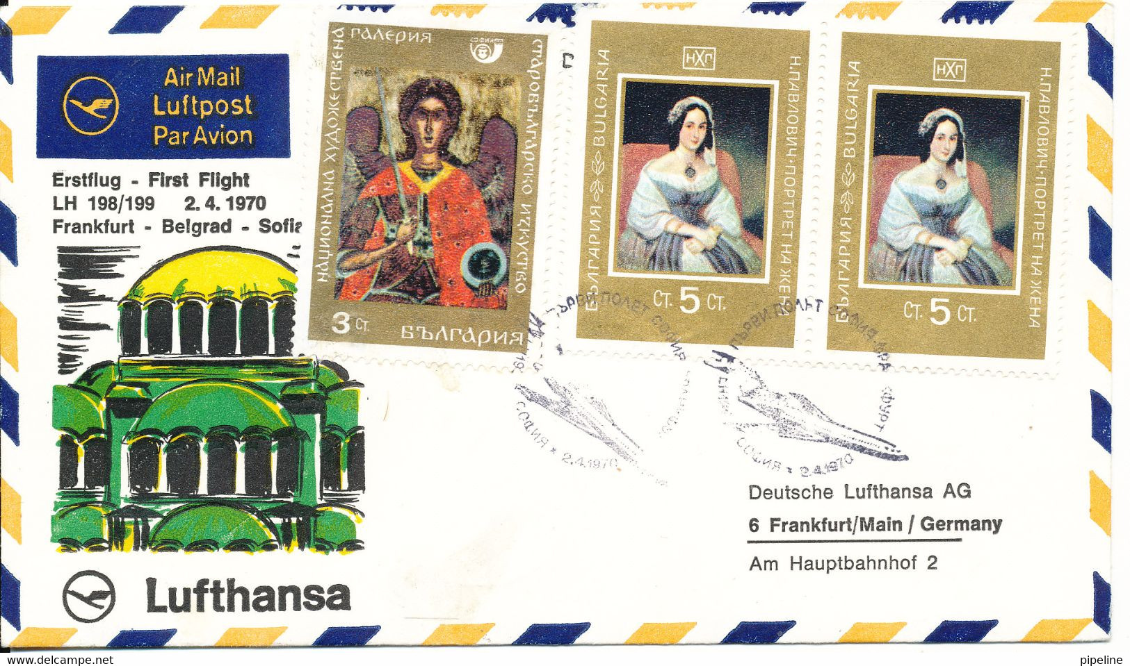 Bulgaria Cover First Flight Lufthansa LH 198/199 Frankfurt - Belgrad - Sofia 24-1970 (stains On The Cover) - Cartas & Documentos