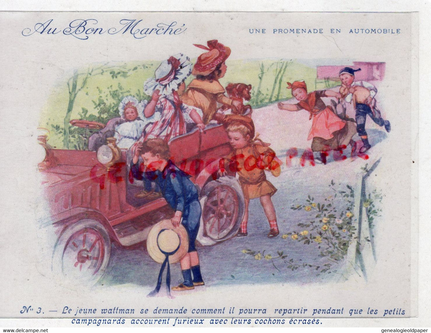 CHROMO AU BON MARCHE -PROMENADE EN AUTOMOBILE VOITURE -COCHON ENFANTS WATTMAN -  EXPOSITION UNIVERSELLE 1900 - Au Bon Marché