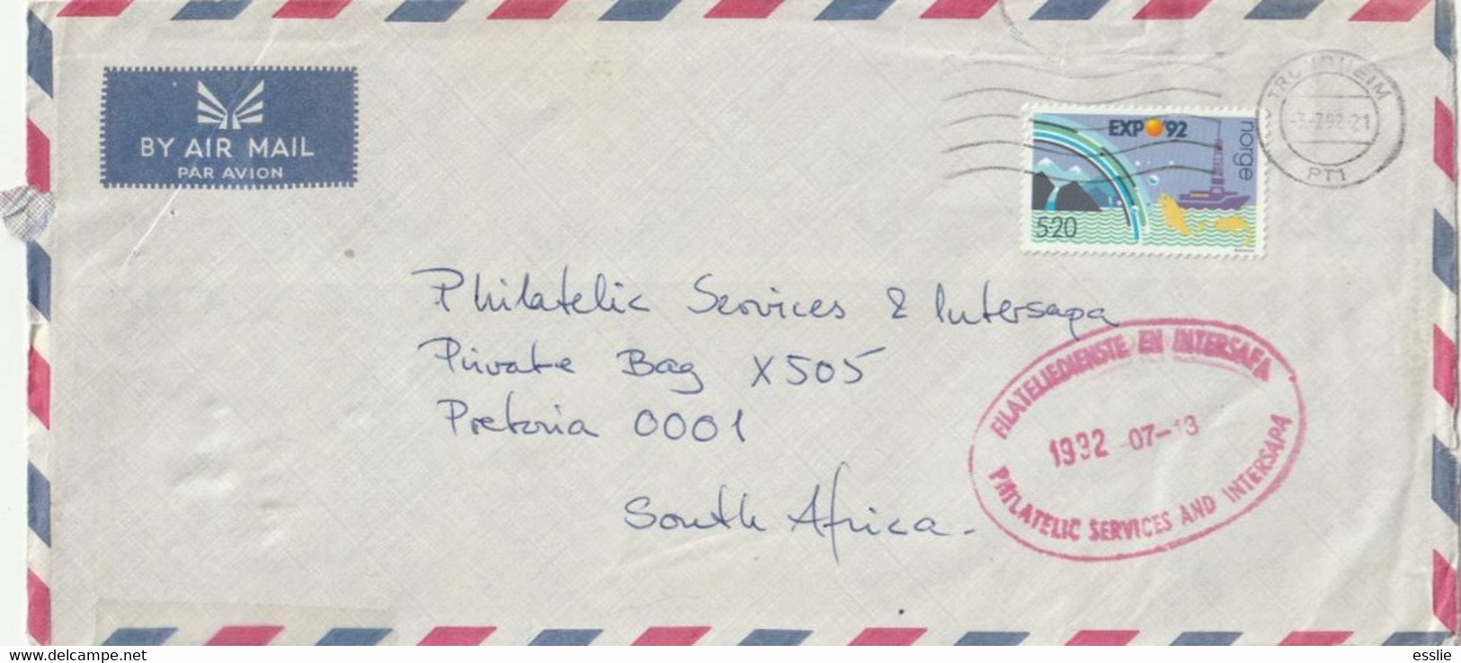 Norway Cover South Africa - 1992 -  Expo 92 Seville Mountains Boat And Fish - Lettres & Documents