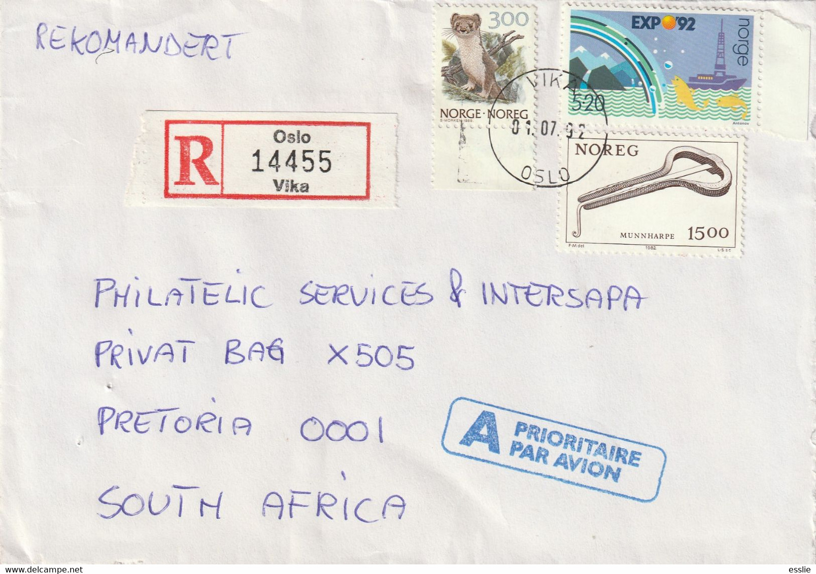 Norway Cover Registered South Africa - 1992 1989 1982 -  Fauna Ermine Expo 92 Seville Mountains Boat And Fish Munnharpe - Briefe U. Dokumente