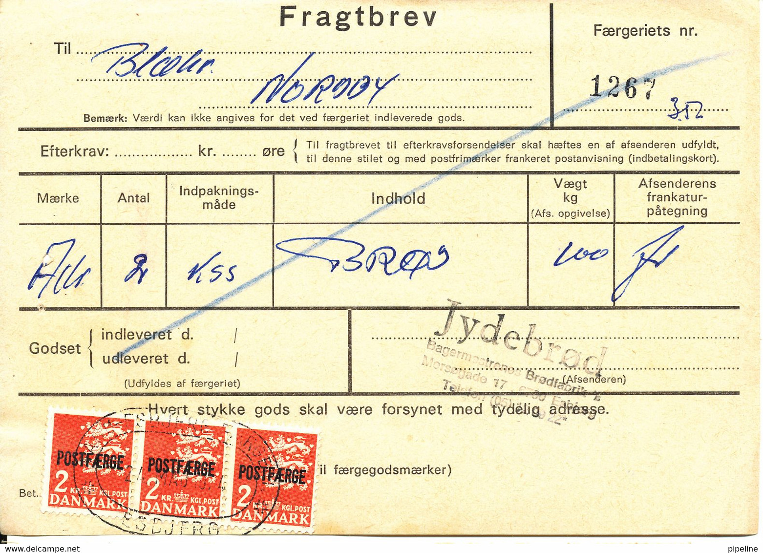 Denmark Postfaerge Fragtbrev Freight Bill FANÖ-ESBJERG Faergeri 24-5-1974 With Stamps Overprinted POSTFAERGE - Briefe U. Dokumente