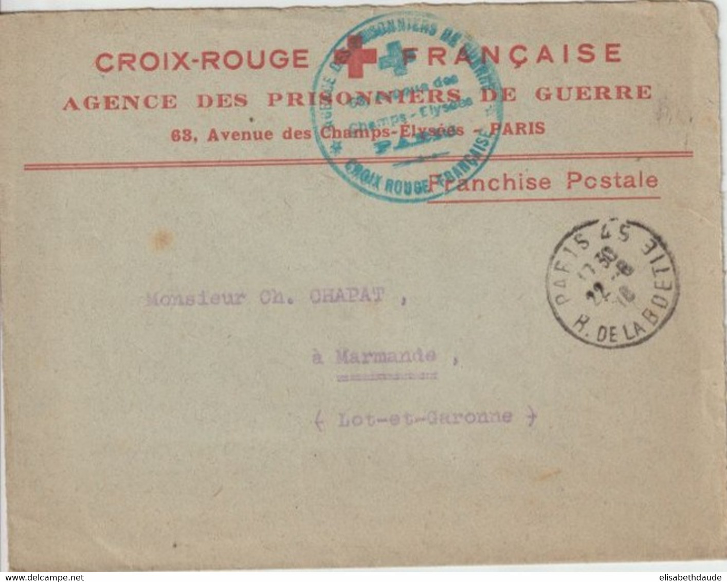 1916 - CROIX-ROUGE ! ENVELOPPE PRISONNIERS DE GUERRE En FRANCHISE De PARIS => MARMANDE (LOT ET GARONNE) - Croce Rossa