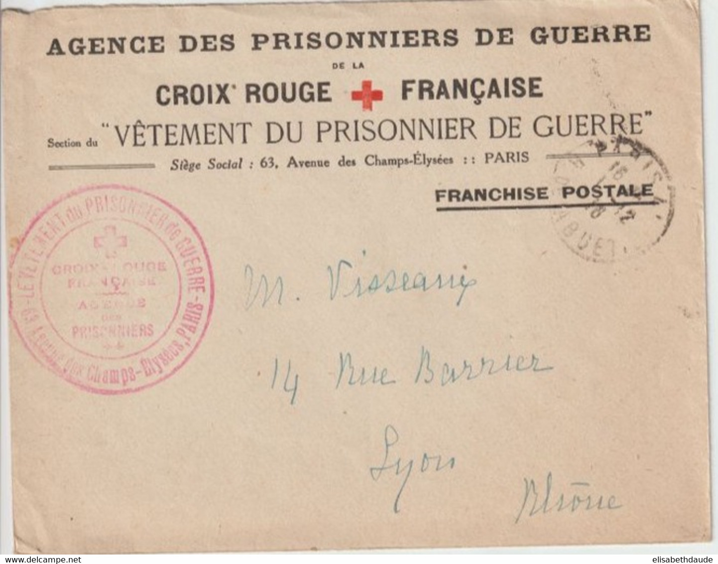 1916 - CROIX-ROUGE ! ENVELOPPE "VETEMENT Du PRISONNIER DE GUERRE" En FRANCHISE De PARIS => LYON - Red Cross