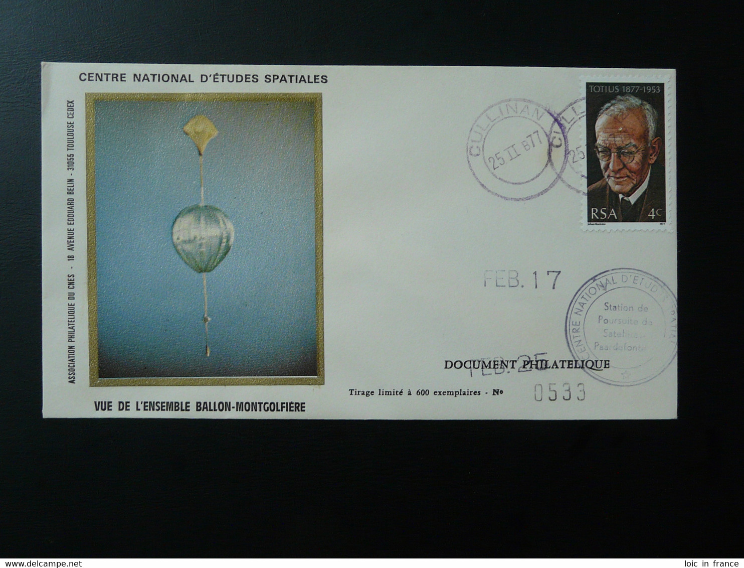 Lettre Cover Espace Space CNES Ballon Montgolofière Balloon Afrique Du Sud South Africa 1977 - Africa