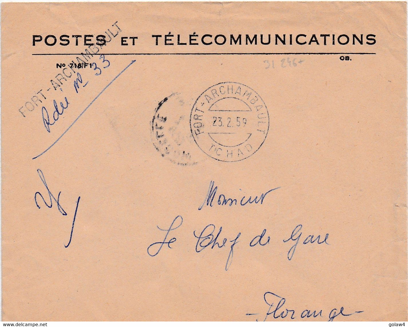 31246# ENVELOPPE POSTES TELECOMMUNICATIONS FRANCHISE RECOMMANDE FORT ARCHAMBAULT TCHAD 1959 FLORANGE MOSELLE - Cartas & Documentos