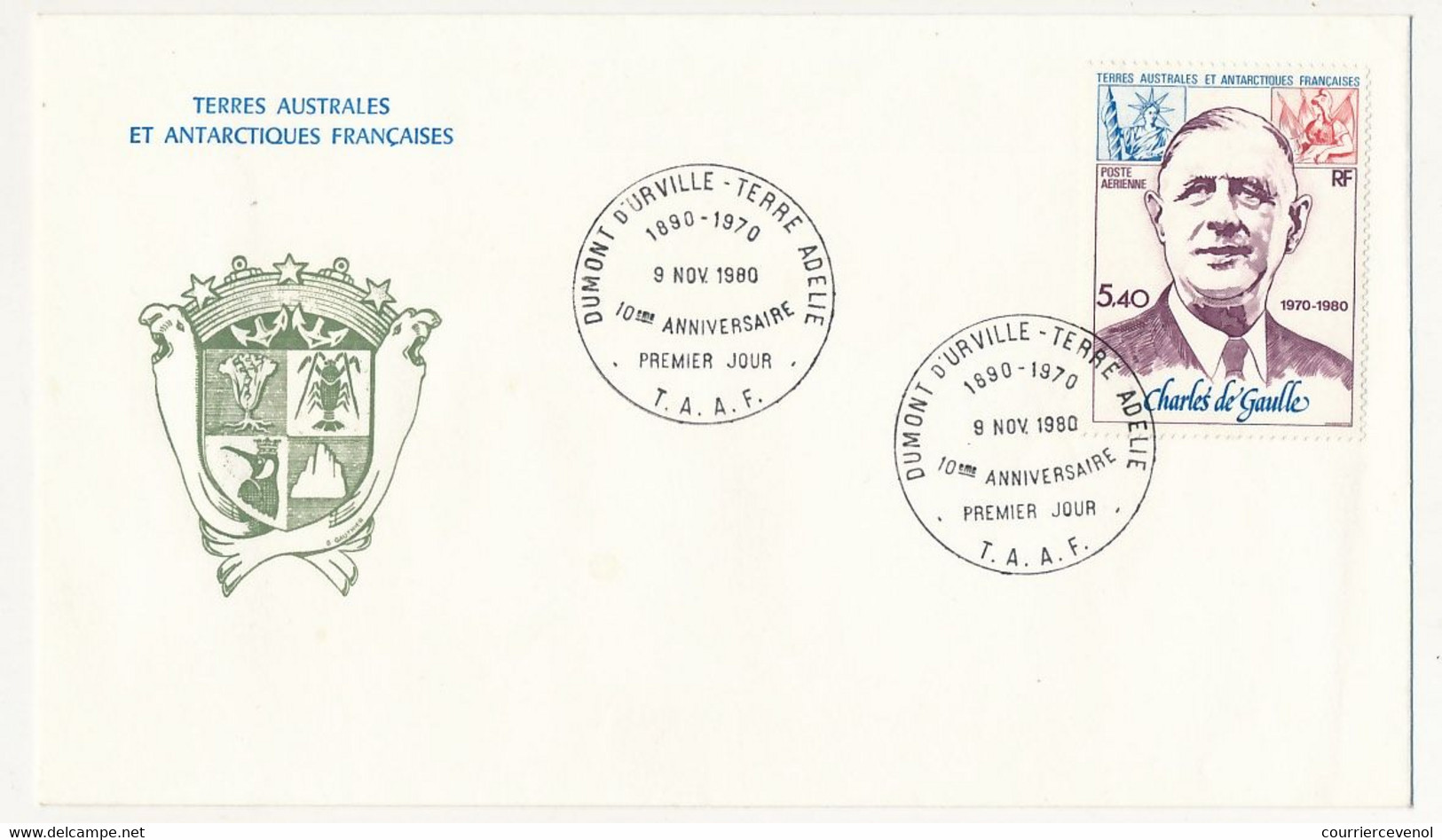 TAAF - Enveloppe FDC Affr. 5,40 Charles De Gaulle - Dumont D'Urville Terre Adélie - 9/11/1980 - Briefe U. Dokumente