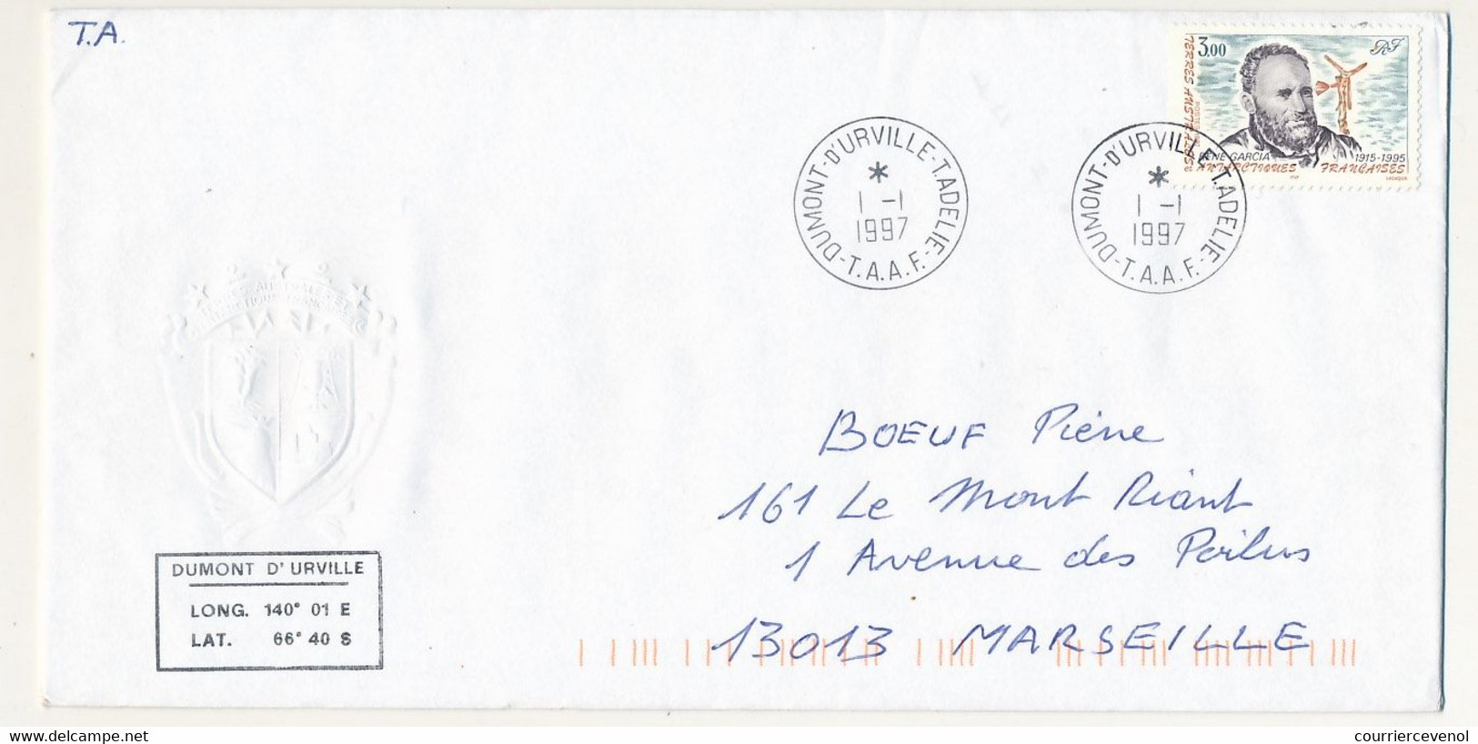 TAAF - Env. Affr. 3.00F René Garcia - Dumont D'Urville T. Adélie - 1/1/1997 - Briefe U. Dokumente