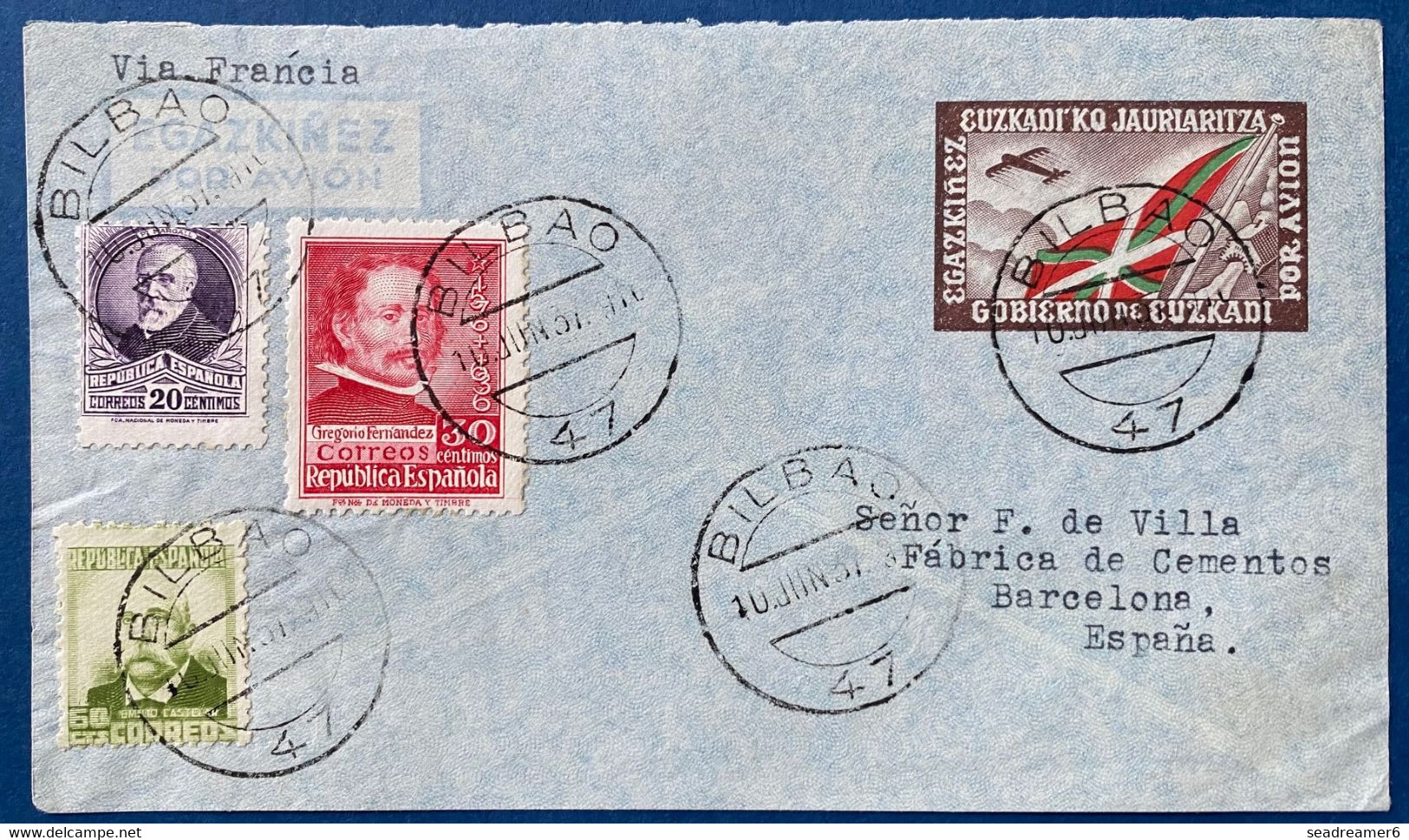 Corre Aéreo ENTEROS POSTALES  10 Jun1937 Bando Republicano Guerra Civil Bilbao Barcelona Sobre Entero Postal Gobierno - Nationalist Issues