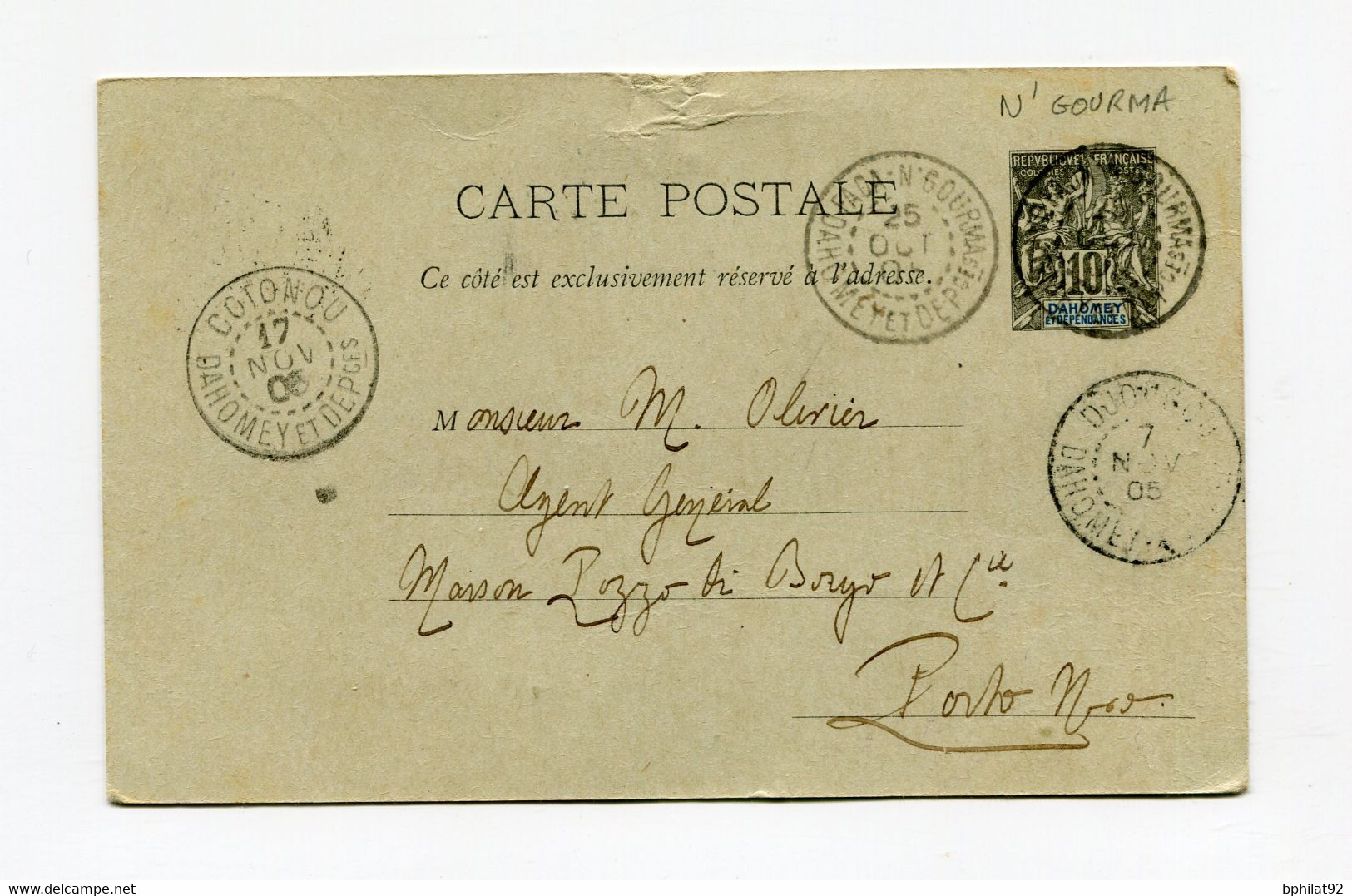 !!! DAHOMEY, ENTIER POSTAL A 10C CACHET DE N'GOURMA DE 1906 POUR PORTO NOVO - Brieven En Documenten