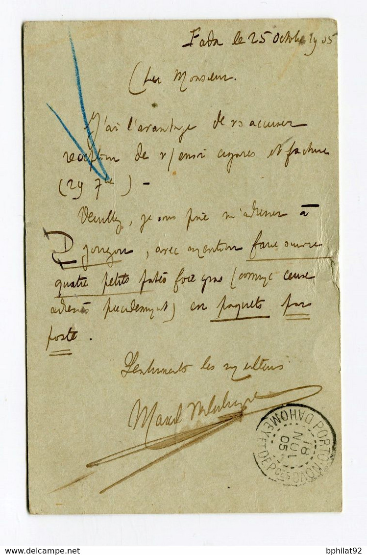 !!! DAHOMEY, ENTIER POSTAL A 10C CACHET DE N'GOURMA DE 1906 POUR PORTO NOVO - Brieven En Documenten