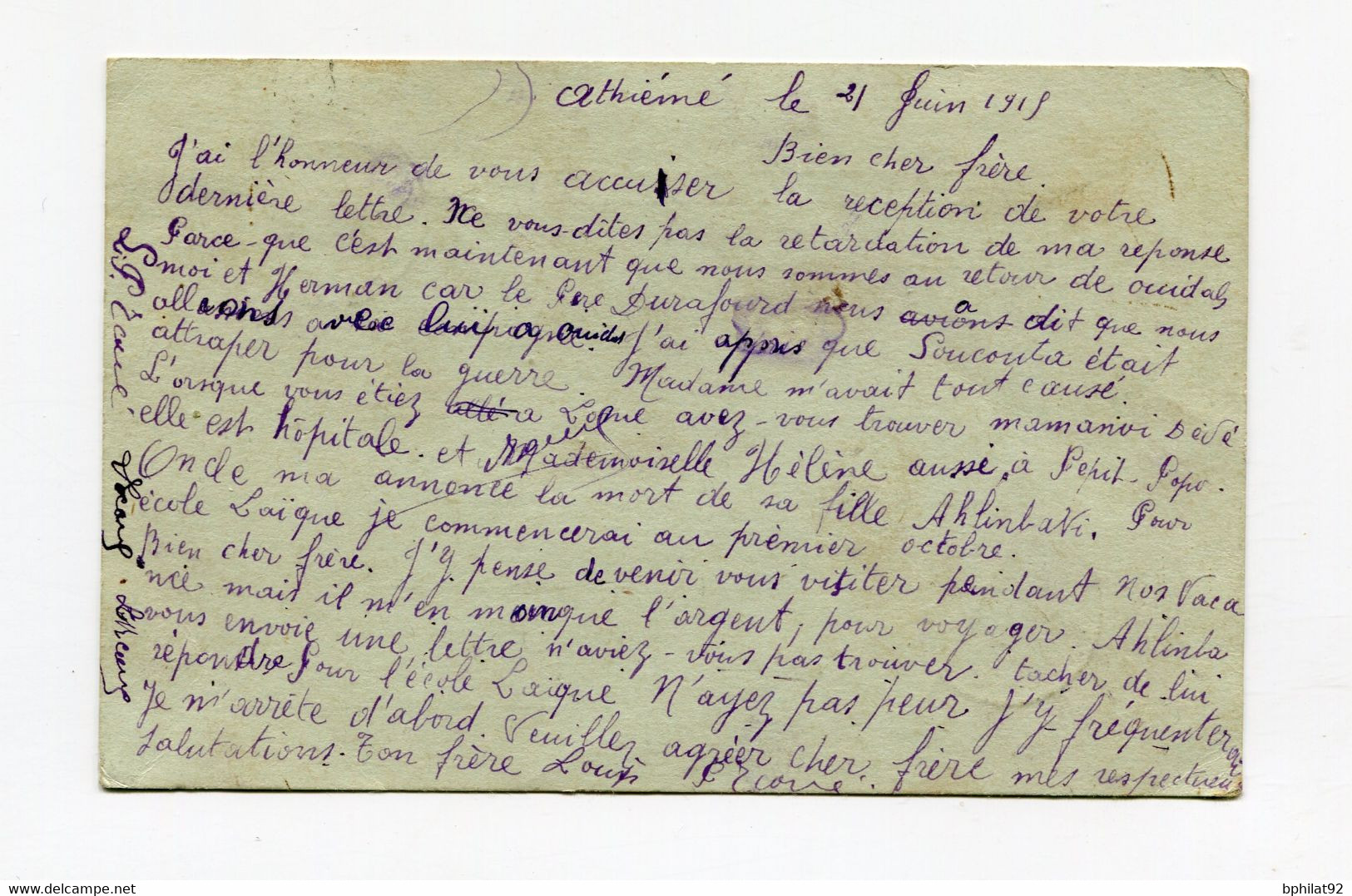 !!! DAHOMEY, ENTIER POSTAL A 5C CACHET D'ATHIEME DE 1915 POUR PORTO NOVO - Storia Postale