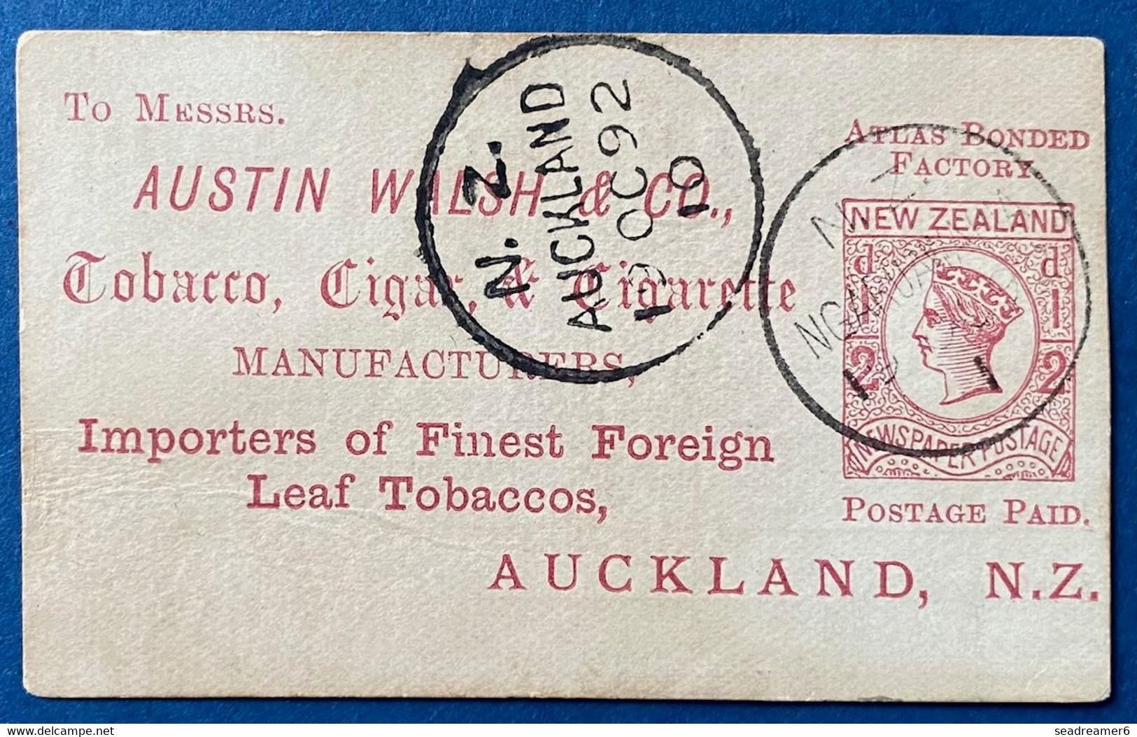 Entier Postal 1892 Oblitéré AUCKLAND Stationery Publicitaire Cigarette AUSTIN WALSH (le Plus Petit Entier Au Monde) TTB - Lettres & Documents