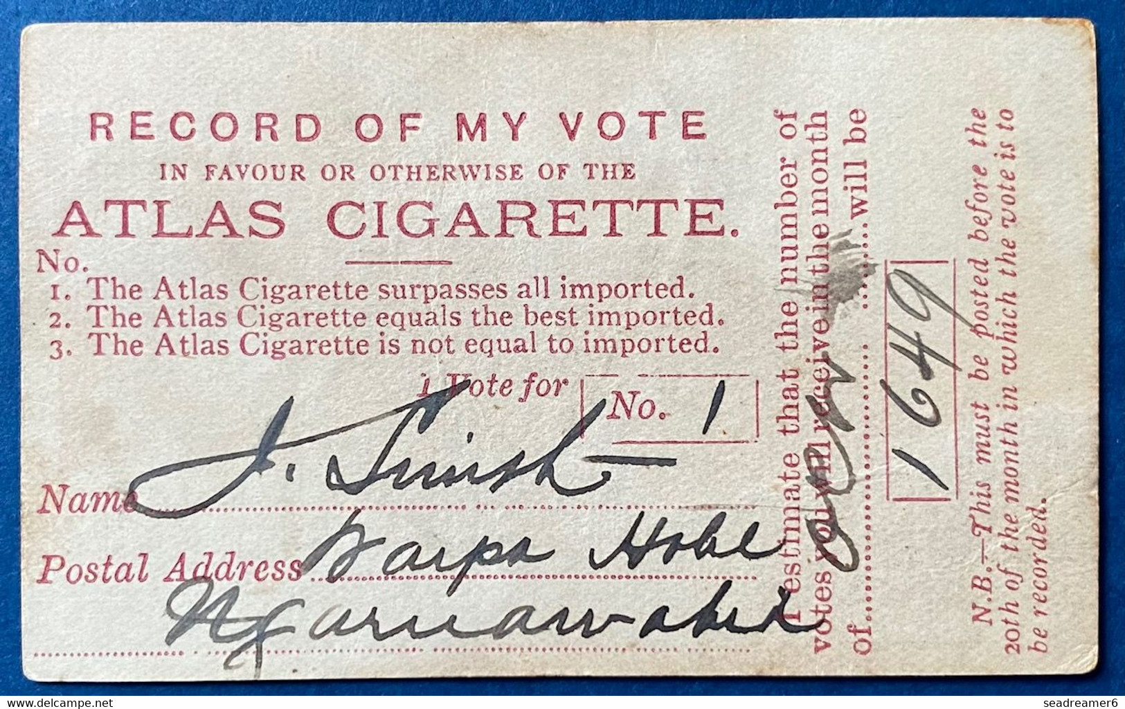 Entier Postal 1892 Oblitéré AUCKLAND Stationery Publicitaire Cigarette AUSTIN WALSH (le Plus Petit Entier Au Monde) TTB - Briefe U. Dokumente