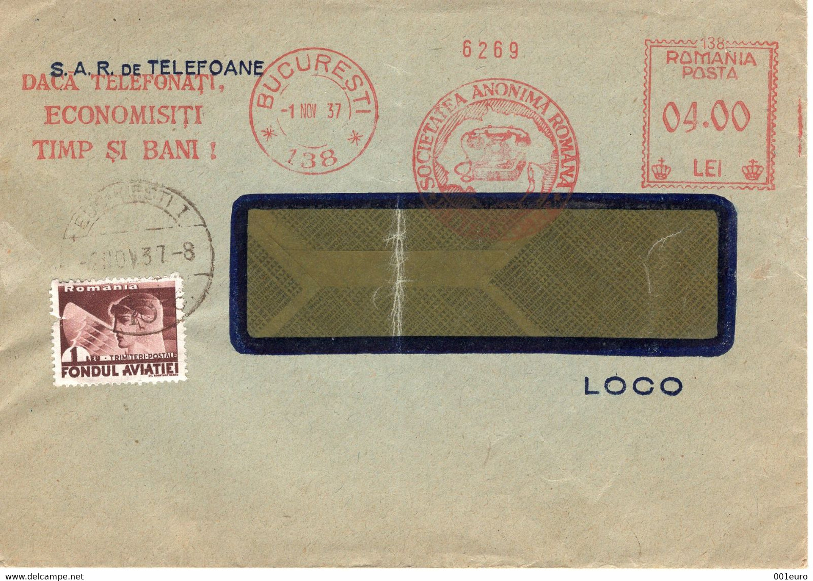 ROMANIA 1937: ROMANIAN TELEPHONE COMPANY FRAMA On Circulated Cover - Registered Shipping! - Franking Machines (EMA)