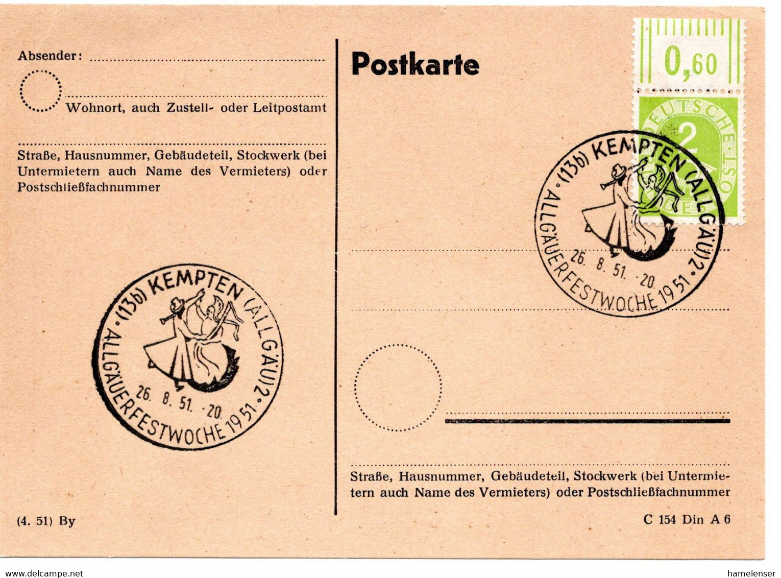 56323 - Bund - 1951 - 2Pfg Posthorn EF A BlankoKte SoStpl KEMPTEN - ALLGAEUERFESTWOCHE 1951 - Textile