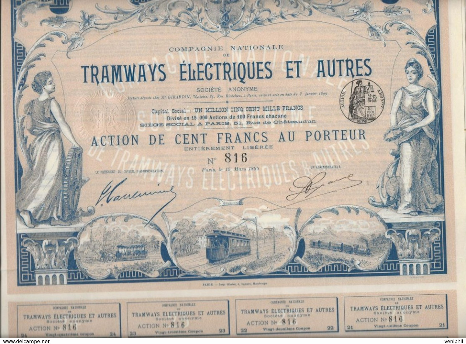 COMPAGNIE NATIONALE TRAMWAYS ELECTRIQUES ET AUTRES -TRES BELLE ACTION ILLUSTREE DE 100 FRS -ANNEE 1899 - Chemin De Fer & Tramway