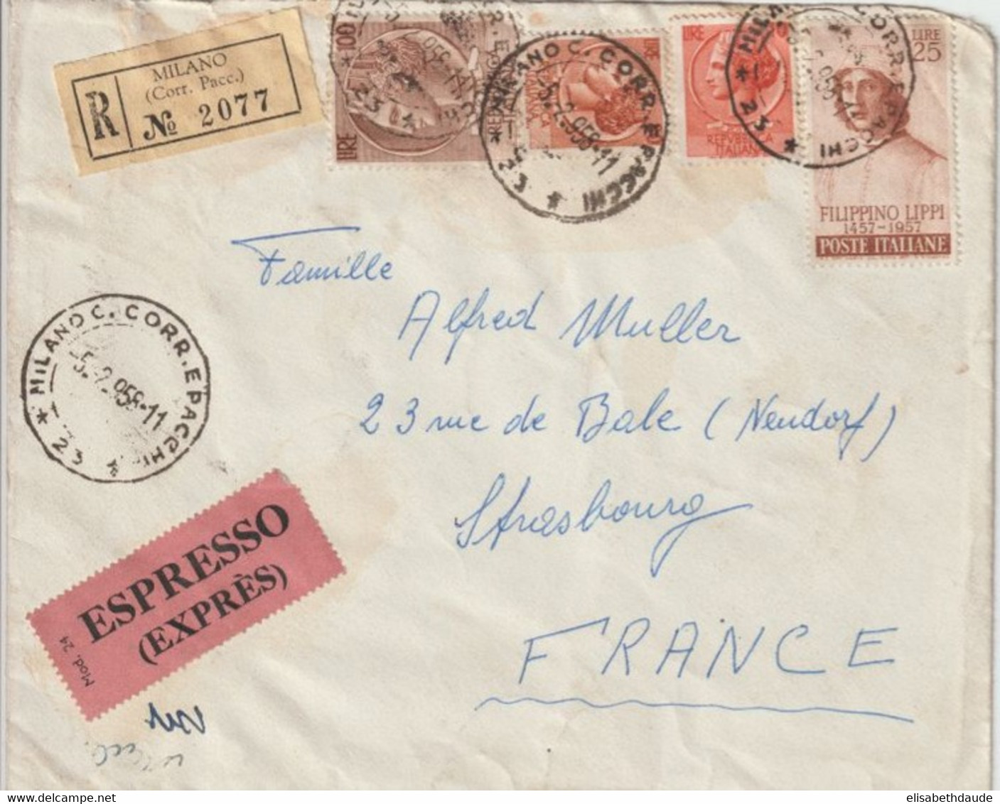 1958 - ITALIE - ENVELOPPE EXPRES RECOMMANDEE De MILANO => STRASBOURG ! - Posta Espressa/pneumatica