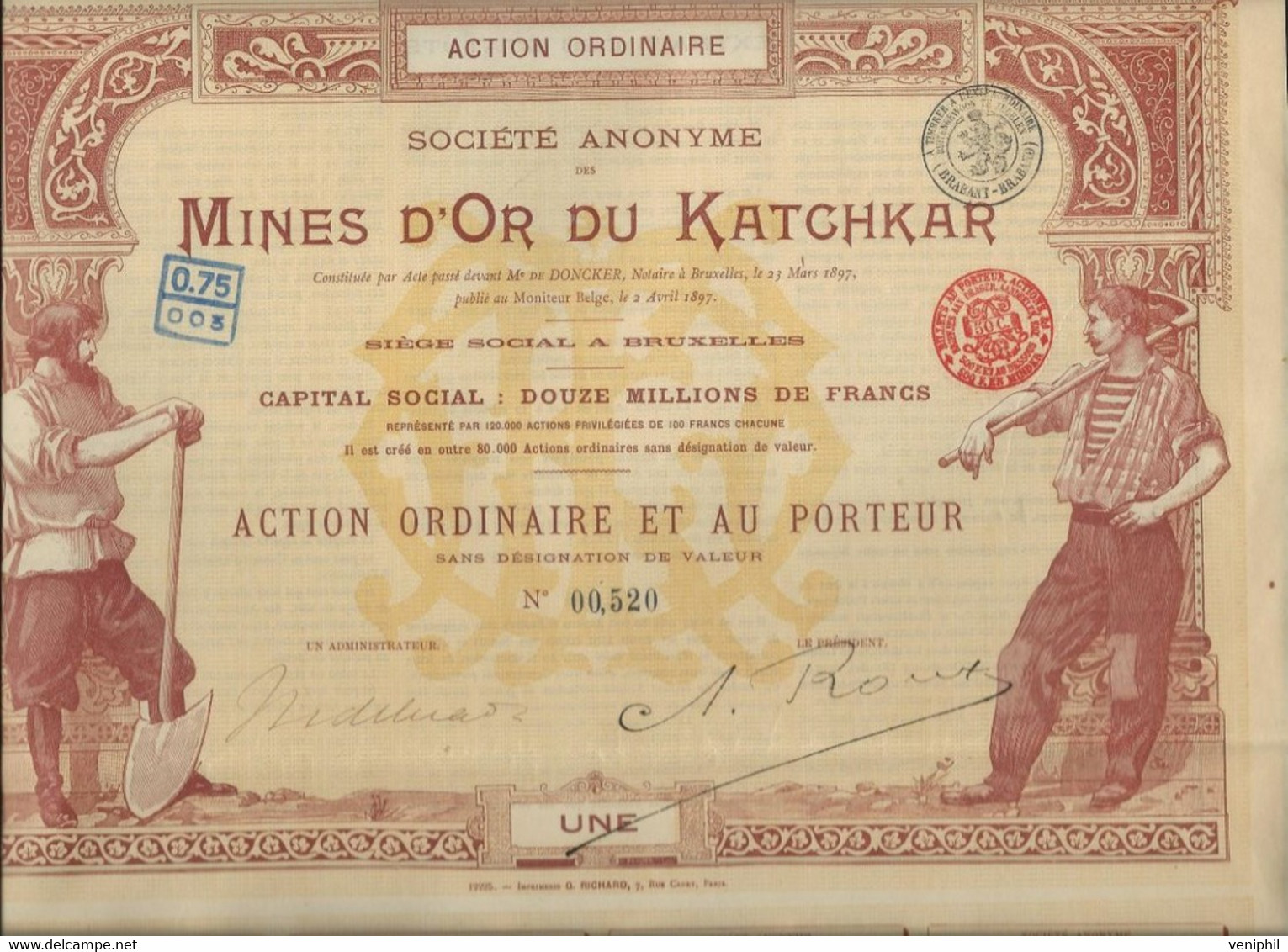 MINES D'OR DU KATCHKAR (ARMENIE RUSSIE ) TITRE  ACTIONS ORDINAIRES -ANNEE 1897 - Mines