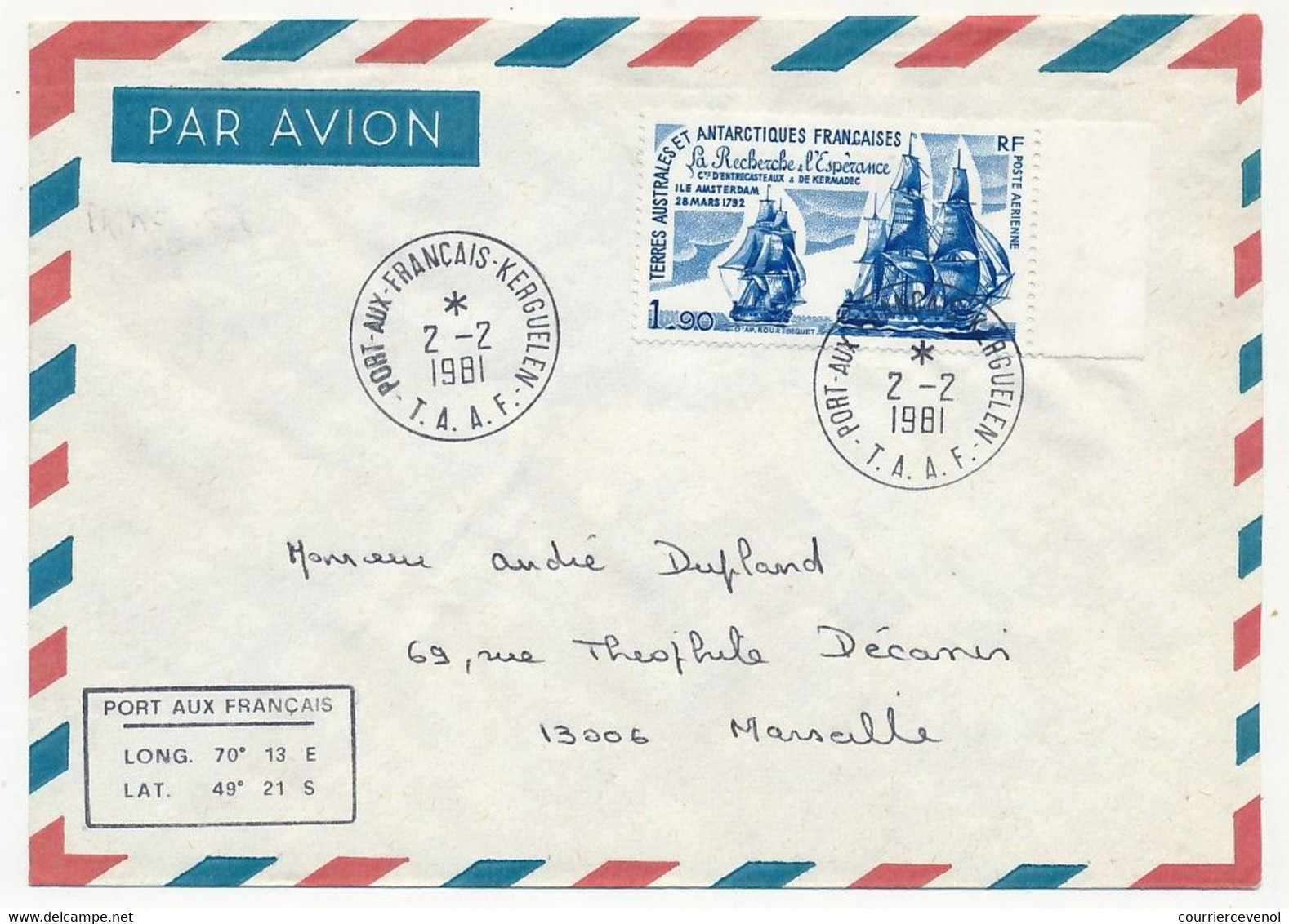 TAAF - Env. Affr. 1,90F La Recherche Et L'Espérance - Port Aux Français-Kerguelen 2/2/1981 - Covers & Documents