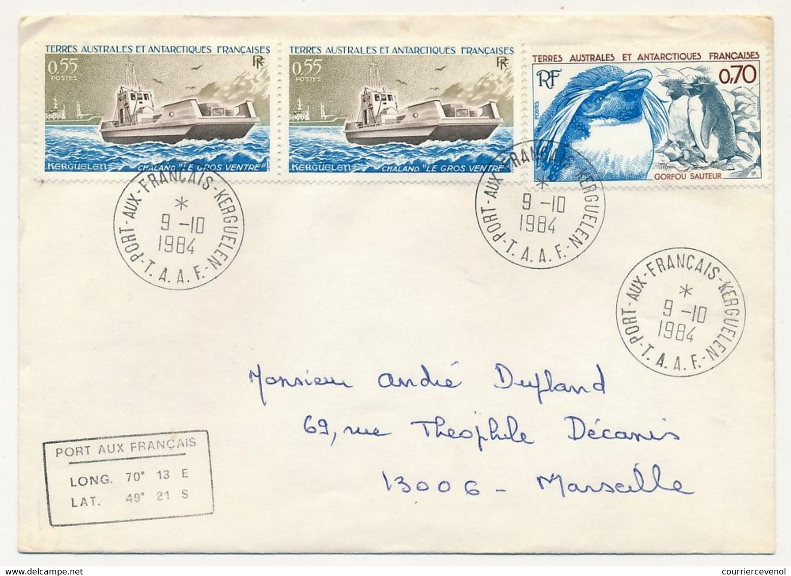 TAAF - Env. Affr. 0,55F Chaland Le Gros Ventre X2 + 0,70 Gorfou Sauteur - Port Aux Français-Kerguelen 9/10/1984 - Covers & Documents