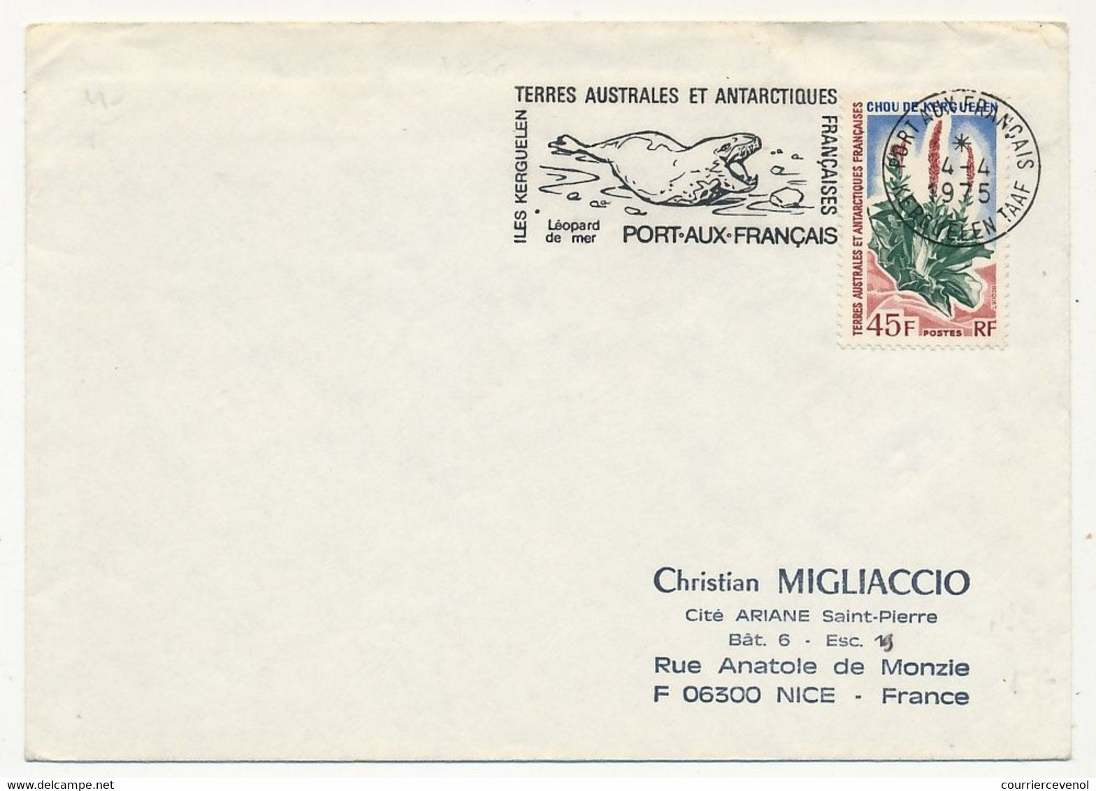 TAAF - Env. Affr.45F Chou De Kerguelen - OMEC Port Aux Français-Kerguelen (Léopard De Mer) 4/4/1975 - Briefe U. Dokumente