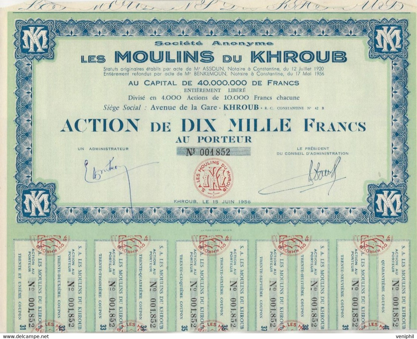 SOCIETE ANONYME - LES MOULINS DU KHROUB -CONSTANTINE -ALGERIE - DIVISE EN 4000 ACTIONS DE DIX MILLE FRANCS - 1956 - Africa