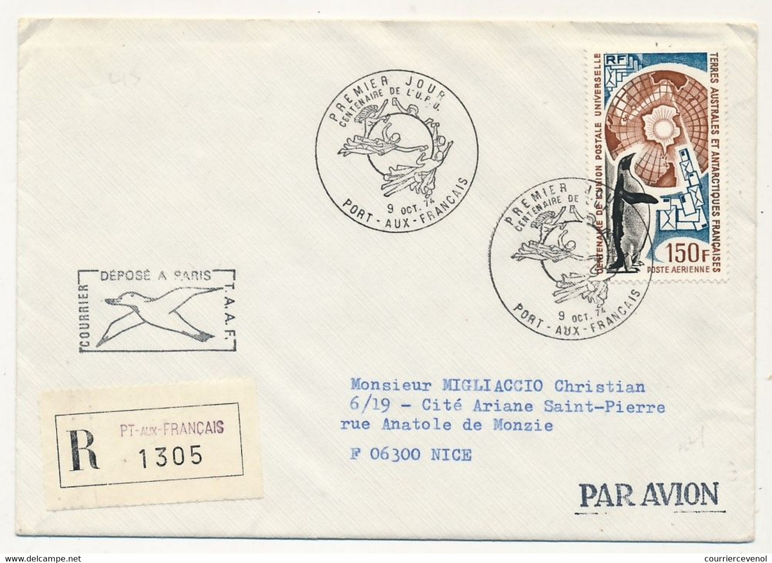 TAAF - Env. Reco. Affr.150F Union Postale Universelle - Port Aux Français-Kerguelen - Premier Jour 9/10/1974 - Briefe U. Dokumente