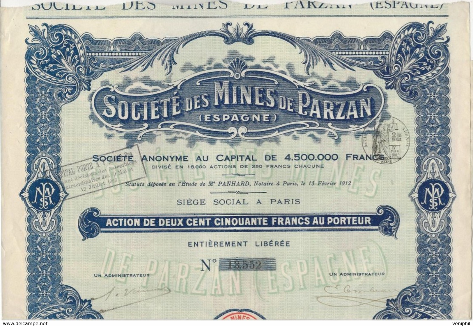 SOCIETE DE MINES DE PARZAN - ESPAGNE - ACTION DE 250 FRANCS  -1912 - Mineral