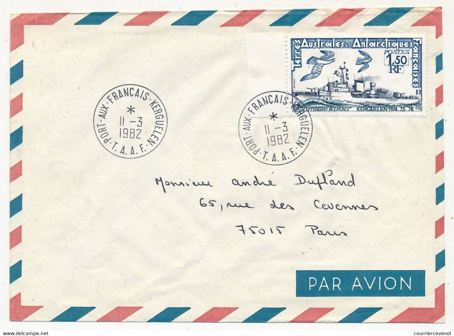 TAAF - Env. Affr.1,50F Commandant Bourdais - Port Aux Français-Kerguelen -  11/3/1982 - Storia Postale