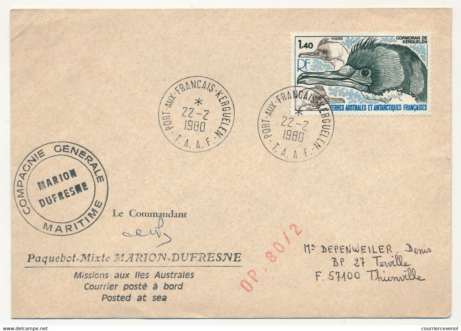 TAAF - Env. Affr.1,40F Cormoran De Kerguelen - Port Aux Français-Kerguelen -  22/2/1980 + Marion Dufresne - Storia Postale