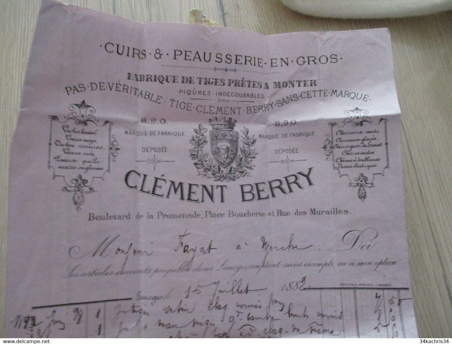Facture Illustré Clément Berry Limoges 1889 Cuirs Et Peausserie En Gros - Petits Métiers