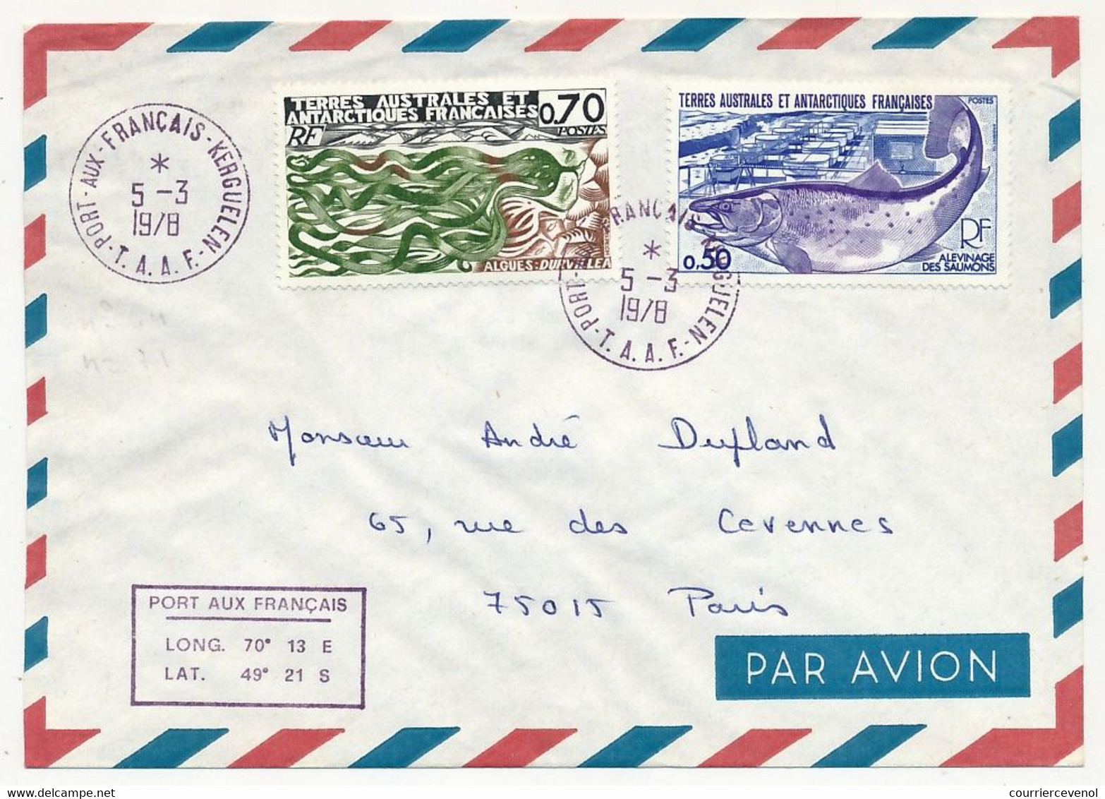 TAAF - Env. Affr. 0,50F Alevinage Des Saumons + 0,70F Algues - Port Aux Français-Kerguelen - 5/3/1978 - Cartas & Documentos