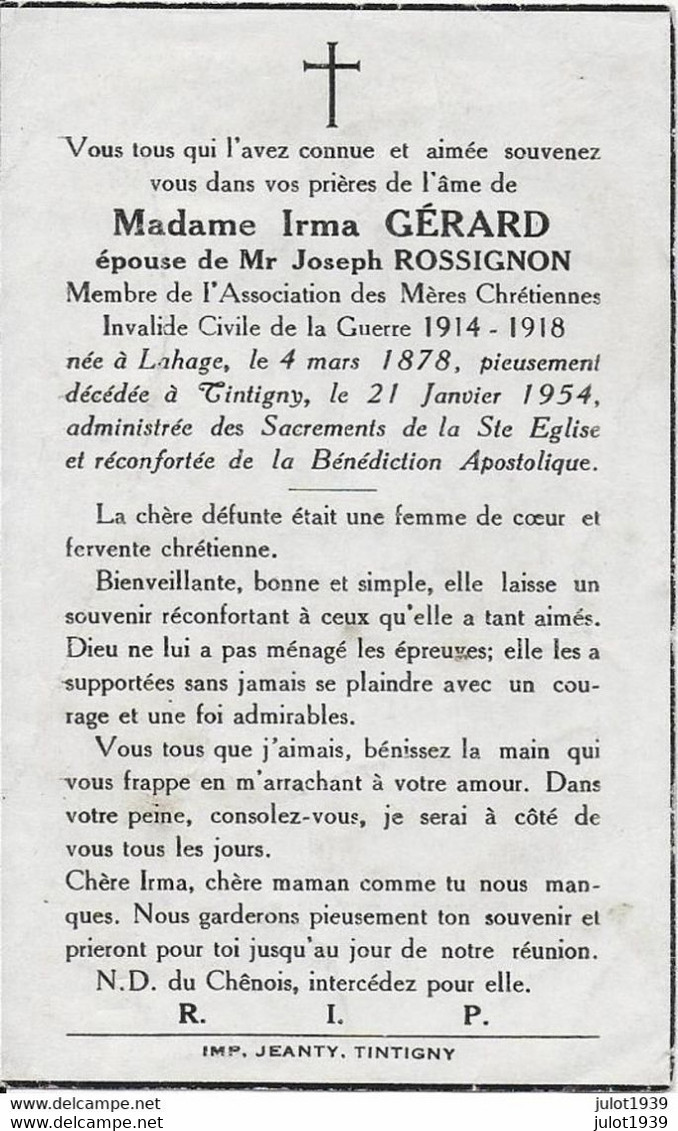 GUERRE 14/18 OORLOG ..-TINTIGNY ..-- Mme Irma GERARD , épouse De Mr Joseph ROSSIGNON , Née à LAHAGE En 1878 , Décédée En - Tintigny