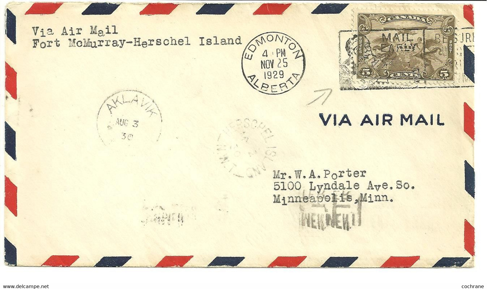 Lettre Par Avion D'Edmonton (Canada) Pour Minneapolis (USA) Du 25.11.1929 à 5 C - Luftpost